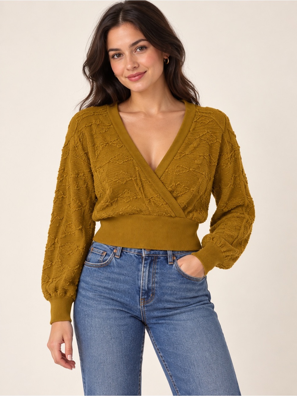 Anthropologie Mustard V-Neck Textured Wrap Sweater